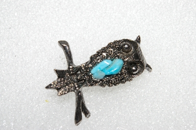 **MBA #E56-017   "Older Antiqued Silvertone Turquoise Owl Pin"