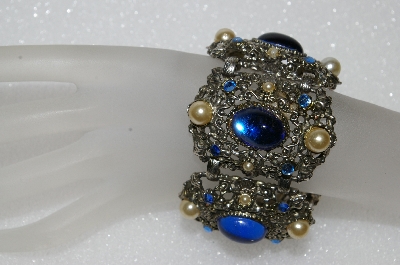 **MBA #E56-036   "Vintage Antiqued Silvertone Blue Glass, Rhinestone & Glass Pearl Bracelet"