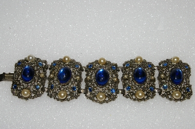 **MBA #E56-036   "Vintage Antiqued Silvertone Blue Glass, Rhinestone & Glass Pearl Bracelet"