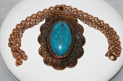 +MBA #E56-052   "Vintage Copper Faux Turquoise Stone Pendant & Chain"