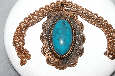 +MBA #E56-052   "Vintage Copper Faux Turquoise Stone Pendant & Chain"