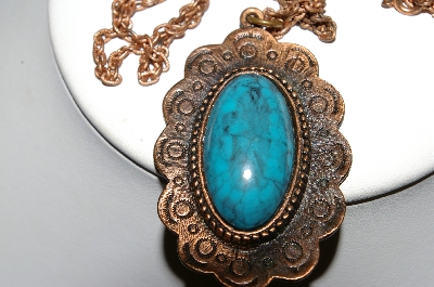 +MBA #E56-052   "Vintage Copper Faux Turquoise Stone Pendant & Chain"