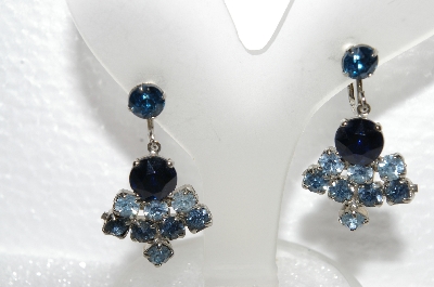 +MBA #E56-099   "Vintage Silvertone Dark & Light Blue Crystal Rhinestone Screw Back Earrings"