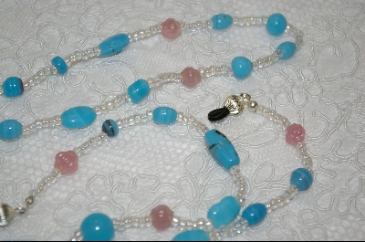 +MBA #6326  "Turquoise Colored Glass Beads, Ab & Milk Pink