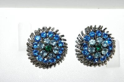 +MBA #E56-103   "Vintage  Silvertone Blue Crystal Rhinestone Clip On Earrings"