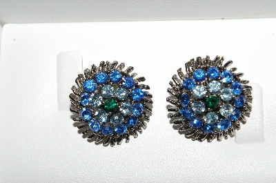 +MBA #E56-103   "Vintage  Silvertone Blue Crystal Rhinestone Clip On Earrings"