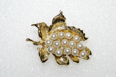 **MBA #E56-163   "Vintage Gold Plated Fancy Glass Pearl Leaf Pin"