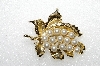 **MBA #E56-163   "Vintage Gold Plated Fancy Glass Pearl Leaf Pin"