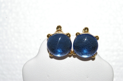 +MBA #E56-146   "Vintage Gold Plated Blue Glass Stone Clip On Earrings"