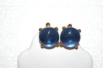 +MBA #E56-146   "Vintage Gold Plated Blue Glass Stone Clip On Earrings"