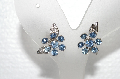 +MBA #E56-177   "Coro Silvertone Fancy Blue Crystal Rhinestone Flower Earrings"