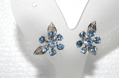 +MBA #E56-177   "Coro Silvertone Fancy Blue Crystal Rhinestone Flower Earrings"