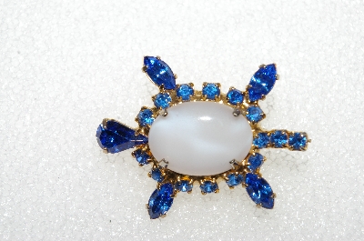 **MBA #E56-014   "Vintage Gold Tone Fancy White Glass & Blue Crystal Rhinestone Turtle Pin"