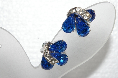 +MBA #E56-142   "Eisenbery Silvertone Blue & Clear Crystal Rhinestone Clip On Earrings"