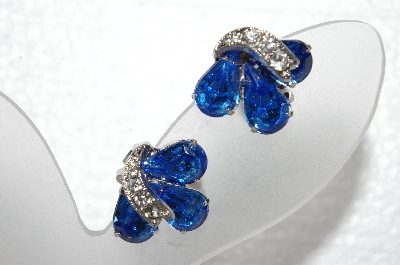 +MBA #E56-142   "Eisenbery Silvertone Blue & Clear Crystal Rhinestone Clip On Earrings"