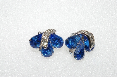+MBA #E56-142   "Eisenbery Silvertone Blue & Clear Crystal Rhinestone Clip On Earrings"