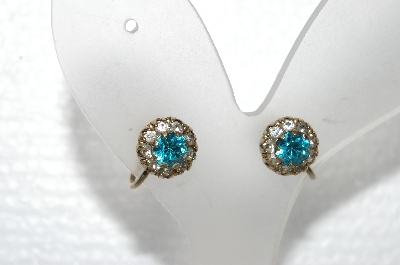 +MBA #E56-182   "Vintage Gold Tone Blue & Clear Crystal Rhinestone Screw Back Earrings"