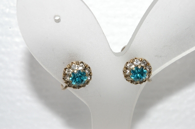 +MBA #E56-182   "Vintage Gold Tone Blue & Clear Crystal Rhinestone Screw Back Earrings"