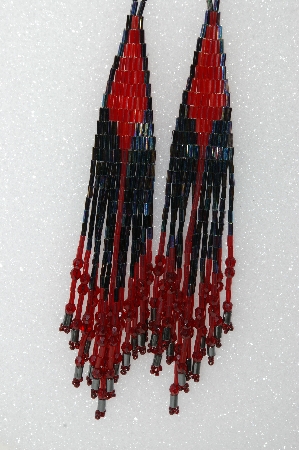 +MBA #s51-444   "Red & Peacock Metalic Bugle Beads & Red Crystal Long Earrings"
