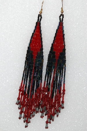 +MBA #s51-444   "Red & Peacock Metalic Bugle Beads & Red Crystal Long Earrings"