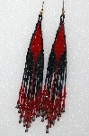 +MBA #s51-444   "Red & Peacock Metalic Bugle Beads & Red Crystal Long Earrings"