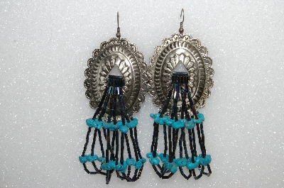+MBA #S51-381   "Antiqued Silvertone Concho With Peacock Blue Bugle Beads & Turquoise Earrings" 
