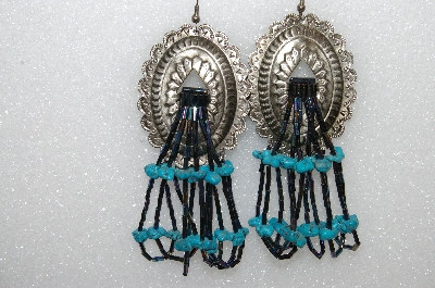 +MBA #S51-381   "Antiqued Silvertone Concho With Peacock Blue Bugle Beads & Turquoise Earrings" 