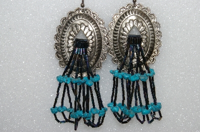 +MBA #S51-381   "Antiqued Silvertone Concho With Peacock Blue Bugle Beads & Turquoise Earrings" 