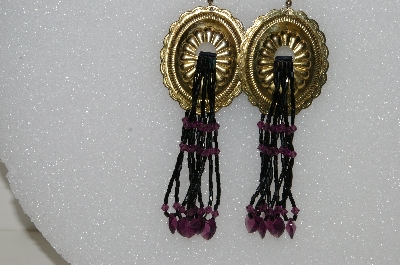 +MBA #S51-398   "Goldtone Concho, Black Glass Beads & Purple Crystal Earrings"