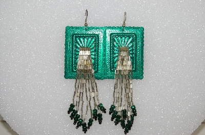 +MBA #S51-377   "Concho Green Enamel Silver Bugle, Black & Green Glass Bead Earrings"