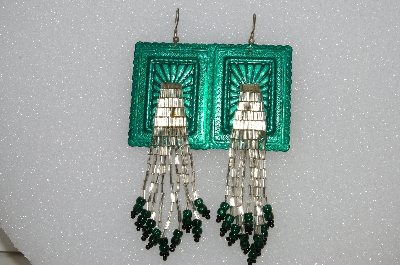 +MBA #S51-377   "Concho Green Enamel Silver Bugle, Black & Green Glass Bead Earrings"