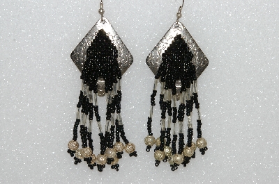 +MBA #S51-404  "Concho, Black Glass Beads, Fancy Sliver Bugle Beads & Silver Plated Rose Bead Earrings" 