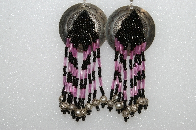+MBA #S51- 386   "Concho, Pink & Black Glass Bead & Silver Plated Rose Bead Earrings"