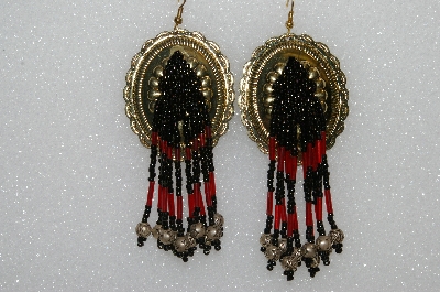 +MBA #S51-382   "Concho, Black & Red Glass Beads & Silver Plated Rose Bead Earrings"