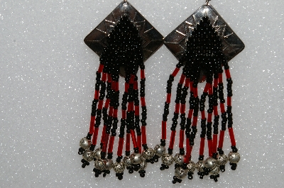 +MBA #S51-536   "Concho Black & Red Glass Beads & Silver Plated Rose Bead Earrings"