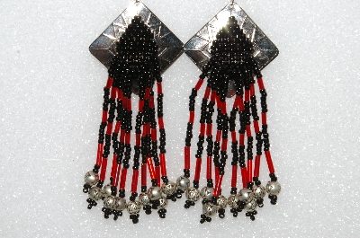 +MBA #S51-536   "Concho Black & Red Glass Beads & Silver Plated Rose Bead Earrings"