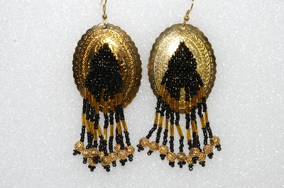+MBA #S51-489   "Goldtone Concho, Black & Gold Glass Beads & Gold Plated Rose Bead Earrings"