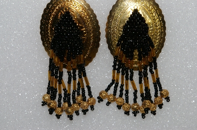 +MBA #S51-489   "Goldtone Concho, Black & Gold Glass Beads & Gold Plated Rose Bead Earrings"