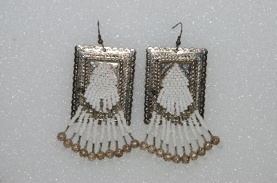 +MBA #S51-403   "Concho White Glass Bead, Bugle Bead & Silver Plated Rose Bead Earrings"
