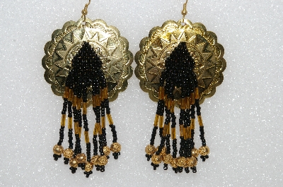 +MBA #S51-483   "Round Gold Tone Concho, Black, Gold Bead & Gold Plated Rose Bead Earrings"