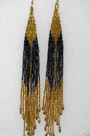 +MBA #S51-426   "One Of A Kind Hand Beaded Peacock Matelic & Gold Bead Long Earrings"