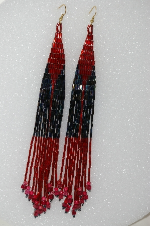 +MBA #S51-435  "Hand Made One Of A Kind Red , Matelic Bugles & Red Soap Stone Bead Long Earrings"