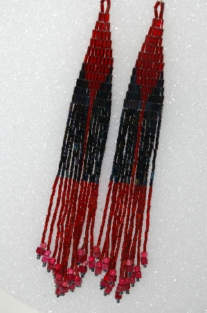 +MBA #S51-435  "Hand Made One Of A Kind Red , Matelic Bugles & Red Soap Stone Bead Long Earrings"