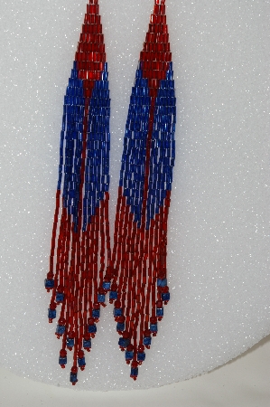 +MBA #S51-429   "Hand Made One Of A Kind Red, Blue Bugle Beads & Blue Lapis Stone Long Earrings"