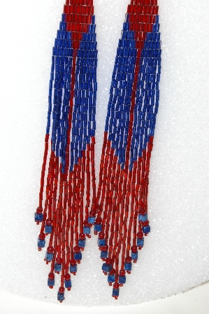 +MBA #S51-429   "Hand Made One Of A Kind Red, Blue Bugle Beads & Blue Lapis Stone Long Earrings"