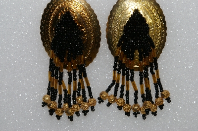 +MBA #S51-489   "Concho Hand Beaded Black & Gold Beaded Earrings"