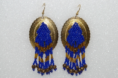 +MBA #S51-559   "Concho Hand Beaded Blue & Gold Bead Earrings"
