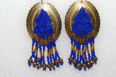 +MBA #S51-559   "Concho Hand Beaded Blue & Gold Bead Earrings"