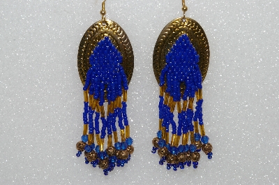 +MBA #S51-559   "Concho Hand Beaded Blue & Gold Bead Earrings"