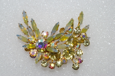 +MBA #S51-542   "Vintage Goldtone Yellow AB Crystal, Rhinestone & Glass Stone Fancy Brooch"